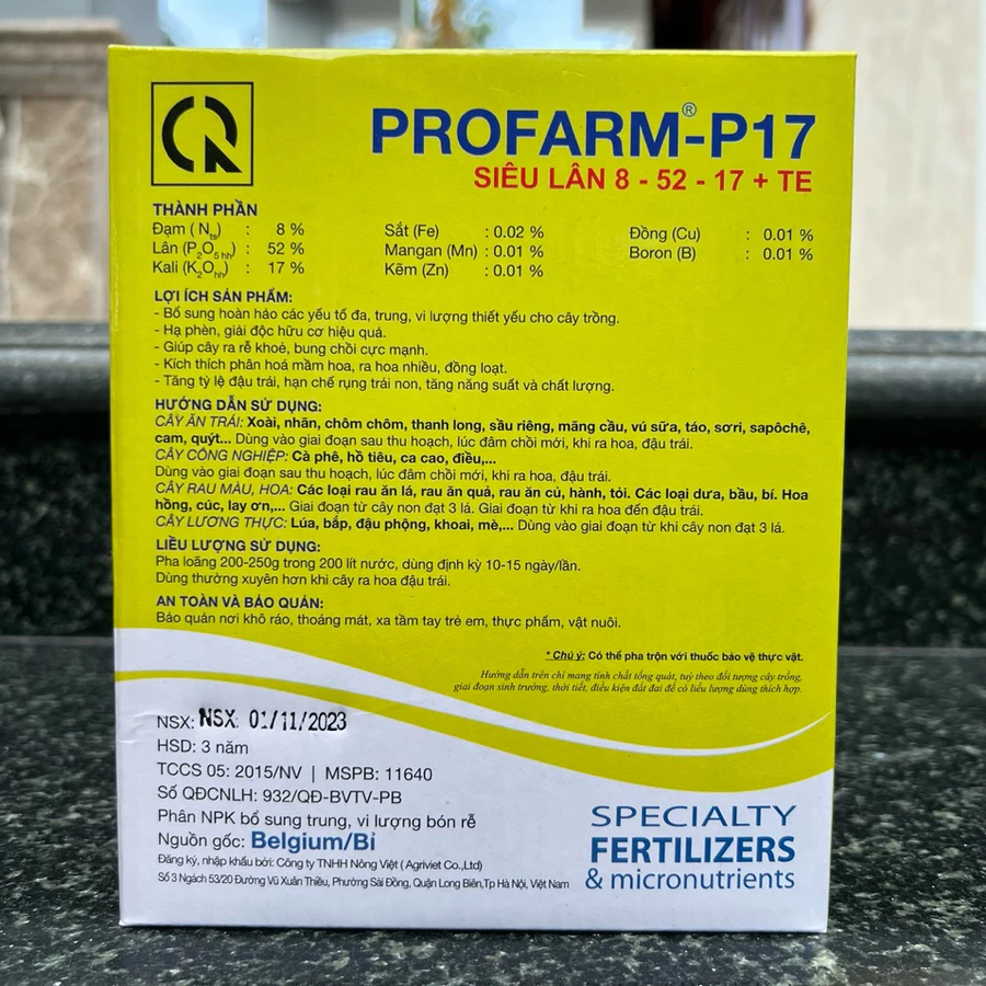 Phân bón lá NPK 8-52-17+TE Siêu Tạo mầm hoa PROFARM P-17 (1kg) Nhập khẩu Bỉ - Nhanh già lá, tăng tỷ lệ đậu hoa - Ảnh 2