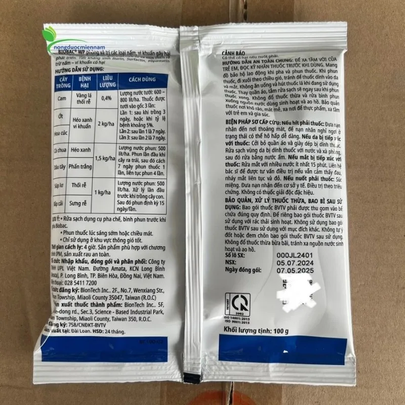 Thành phần Thuốc trừ bệnh vi khuẩn BIOBAC