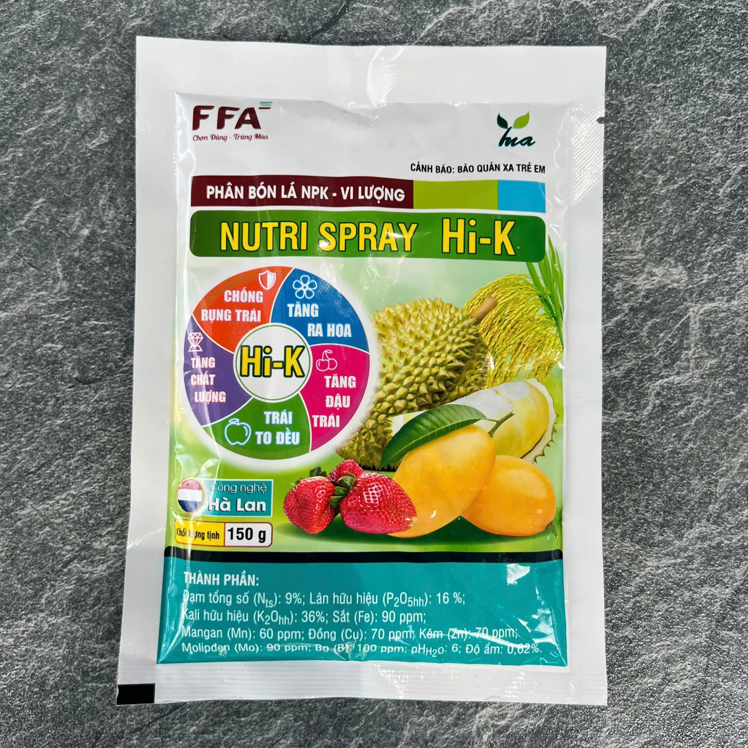 Nutri Spray Hi-K (gói 150gr) - Phân bón lá dạng bột phun sấy cao, đa dạng vi lượng dinh dưỡng NPK với hàm lượng Kali cao giúp dưỡng bông, lớn trái, vô cơm, nặng hạt, vô gạo, lớn củ - Ảnh 2